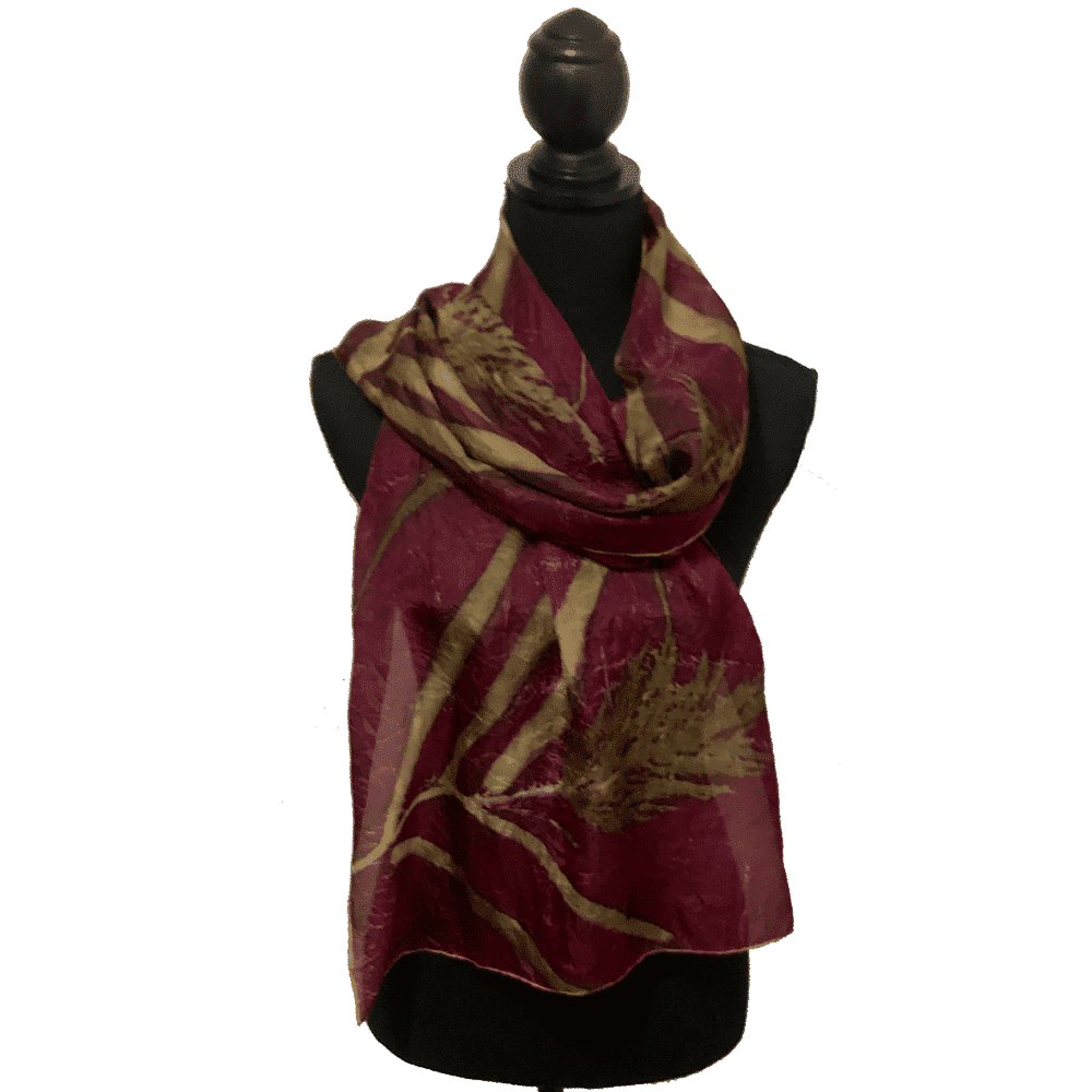 Ponge silk-scarf-dark-fuchsia-ecoprint-of-reeds