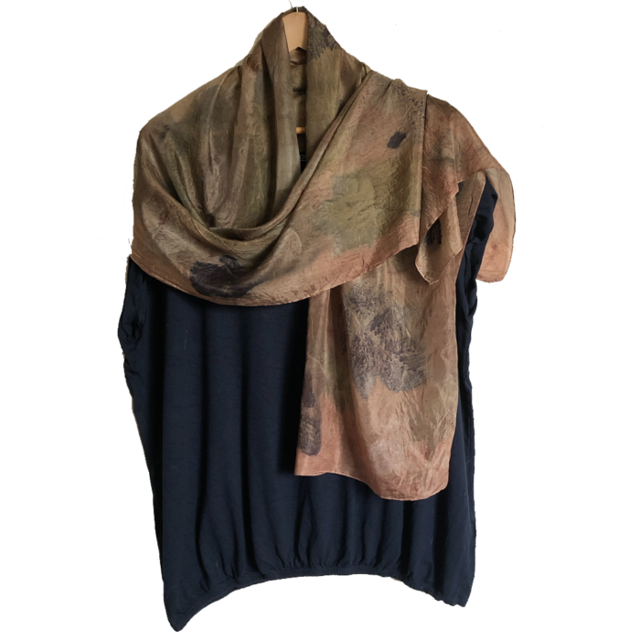 Ponge silk scarf dyed with Annatto seed and ecoprint of various leaves