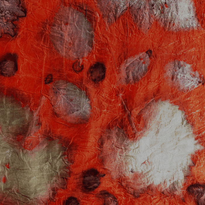 Pongee silk scarf red with eco print of eucalyptus, strawberry, raspberry, grape and braa4